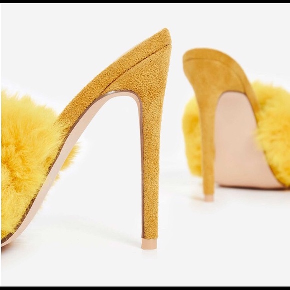 Yellow Faux Fur Mule Heels - Picture 5 of 6